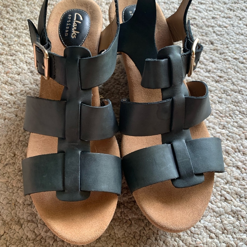 Clarks fisherman style wedges. Black and Tan. Like new